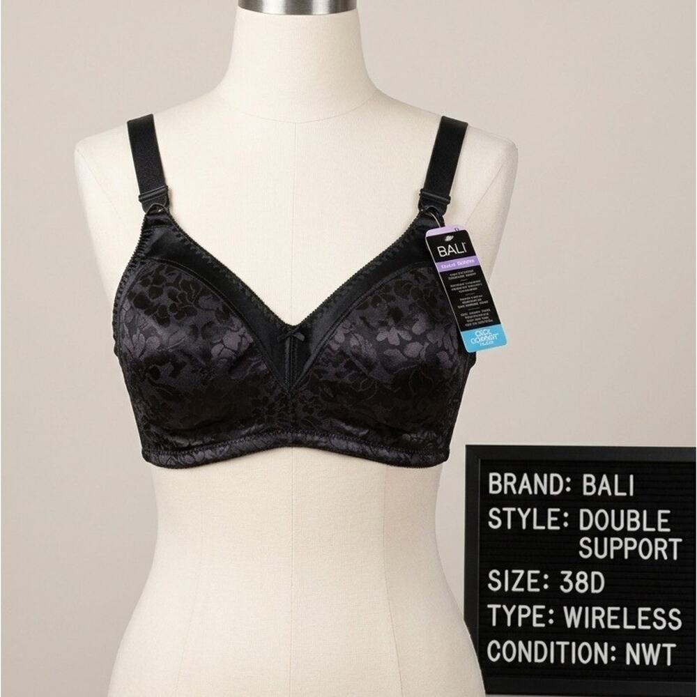 NWT Bali 38D Bra Double Support Wireless Black Floral Satin Style 3372